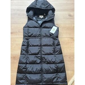DKNY Womens Long Hooded Puffer Vest coat Black Sleeveless Jacket size medium